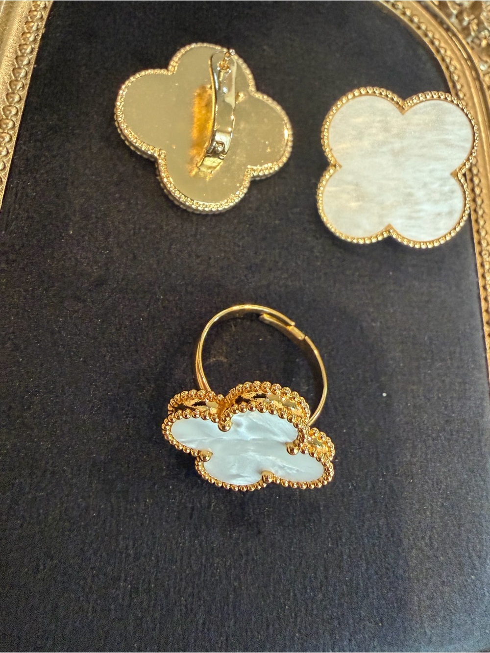 Gold Clover Mother of Pearl Stud Earrings | Luxury Statement Earrings - Picture 4 of 4